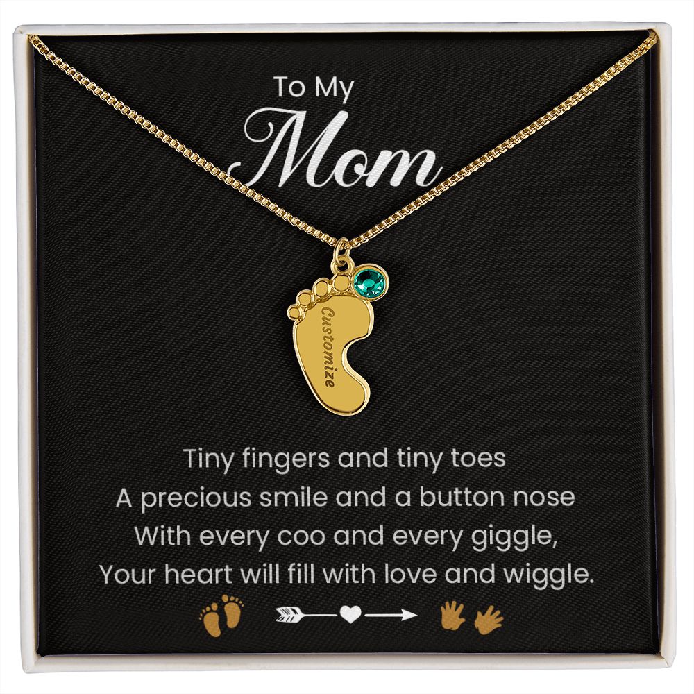 To My Mom | Tiny Fingers & Tiny Toes | Baby Feet Necklace with Birthstone