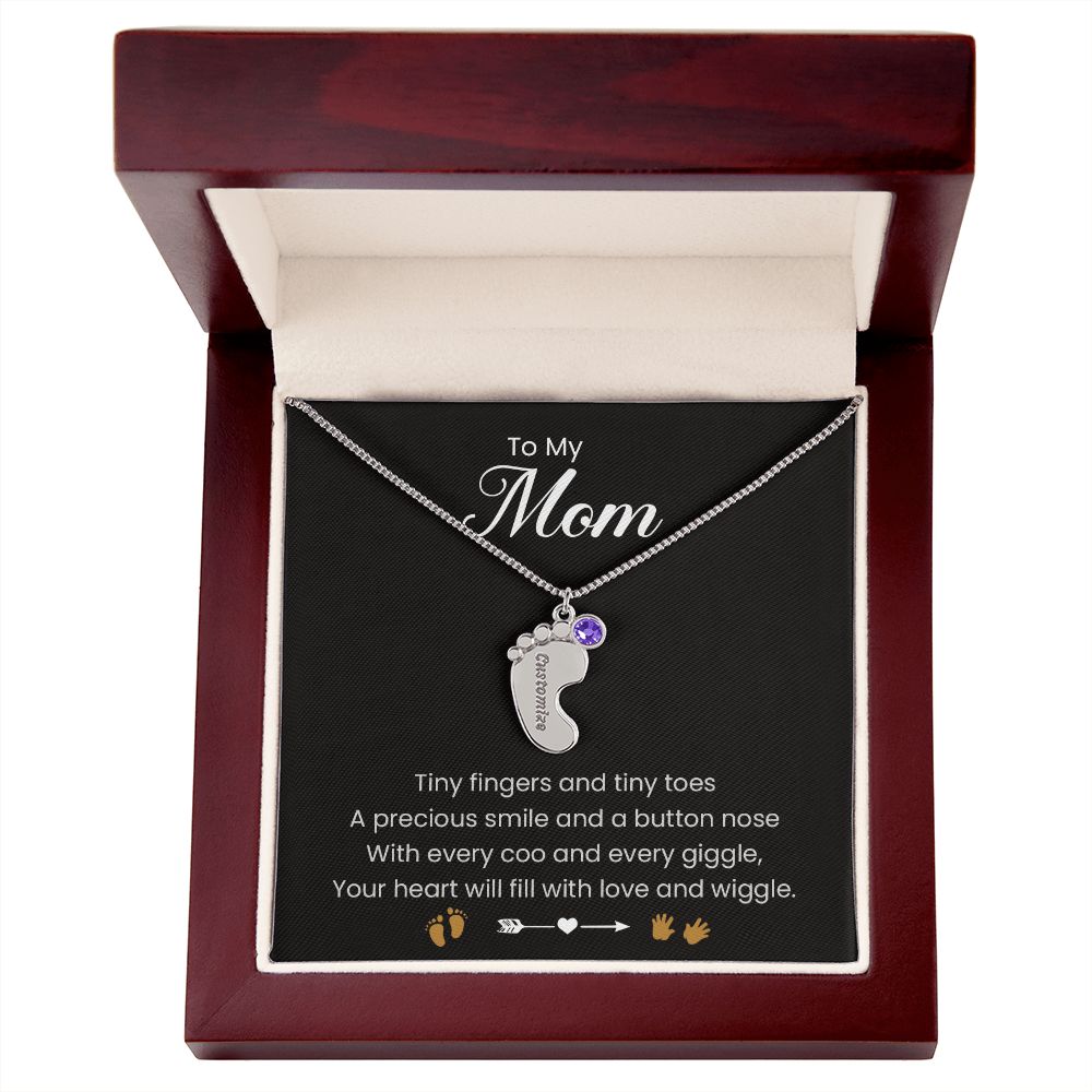 To My Mom | Tiny Fingers & Tiny Toes | Baby Feet Necklace with Birthstone