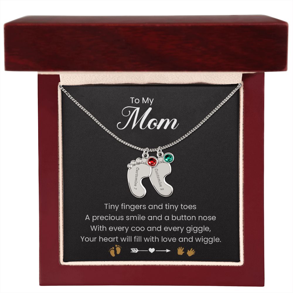 To My Mom | Tiny Fingers & Tiny Toes | Baby Feet Necklace with Birthstone