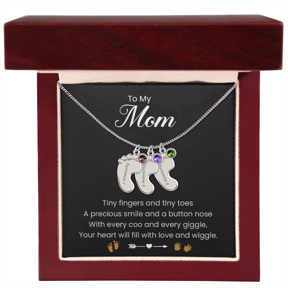 To My Mom | Tiny Fingers & Tiny Toes | Baby Feet Necklace with Birthstone