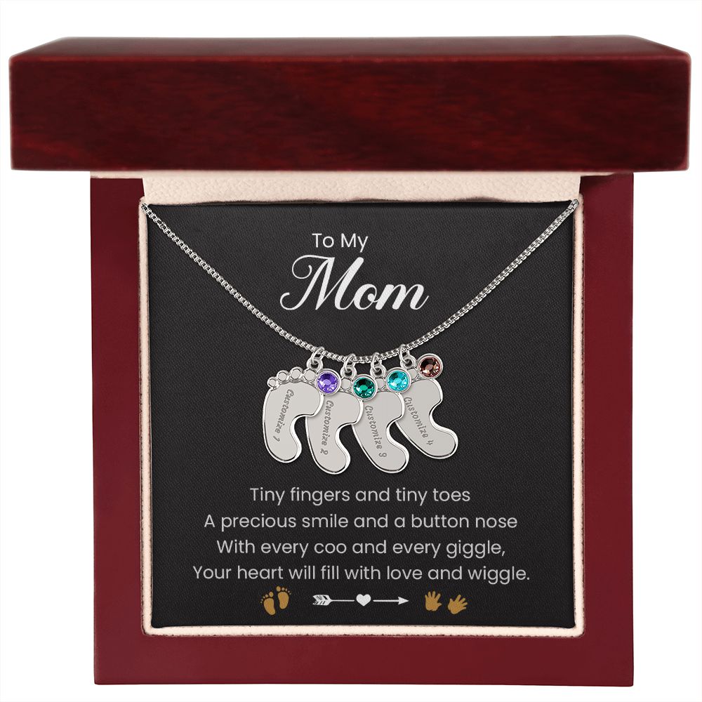 To My Mom | Tiny Fingers & Tiny Toes | Baby Feet Necklace with Birthstone