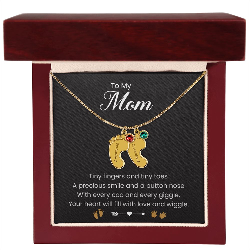 To My Mom | Tiny Fingers & Tiny Toes | Baby Feet Necklace with Birthstone