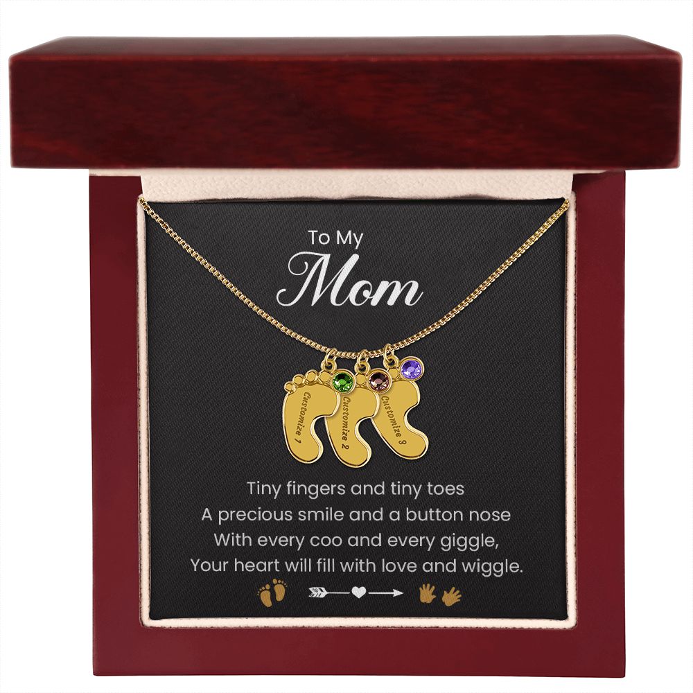 To My Mom | Tiny Fingers & Tiny Toes | Baby Feet Necklace with Birthstone