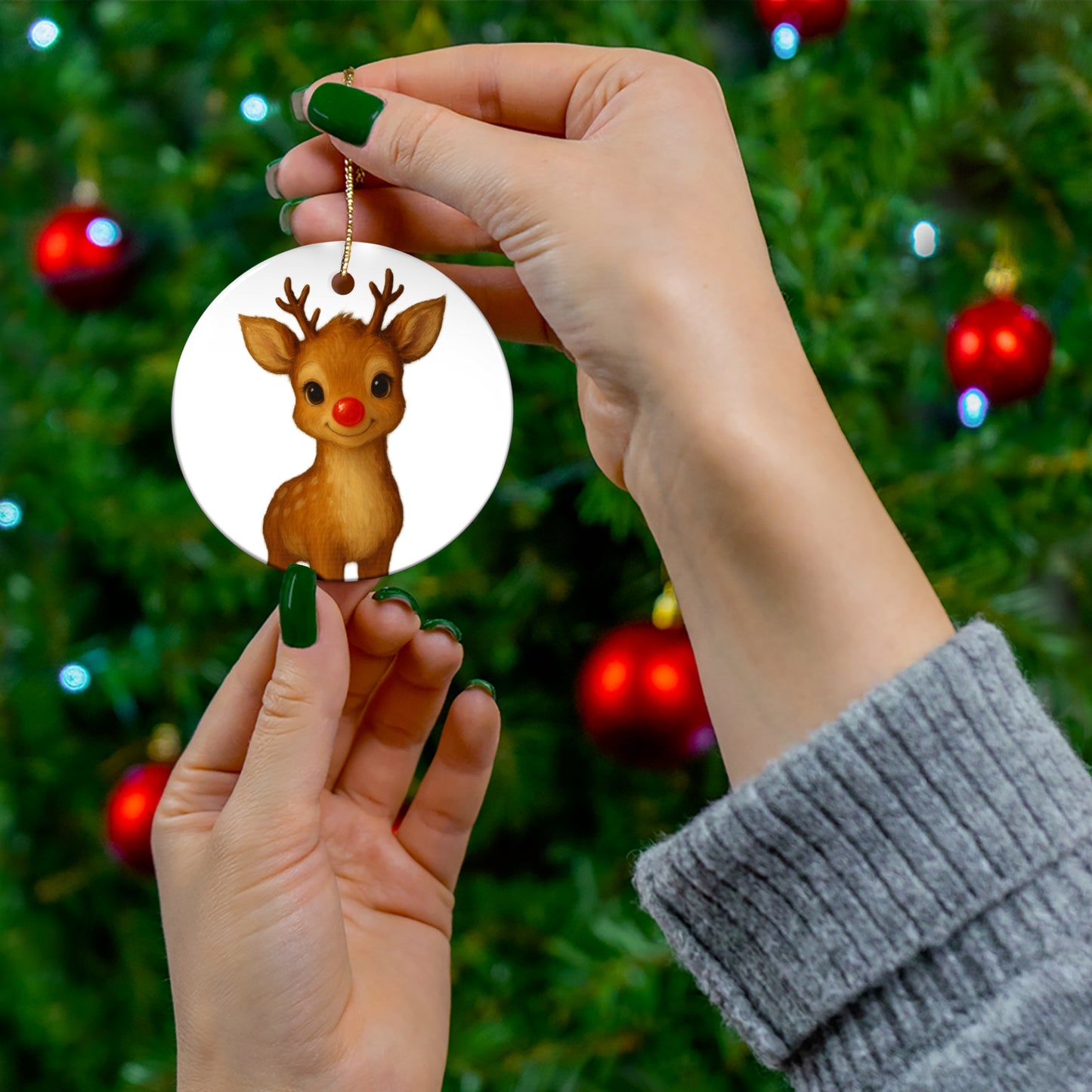 Festive Rudolph Reindeer Christmas Ornament – Cute Red Nose Holiday Decoration | Ceramic Keepsake Gift for Tree