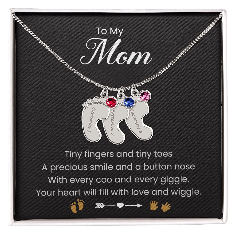 To My Mom | Tiny Fingers & Tiny Toes | Baby Feet Necklace with Birthstone