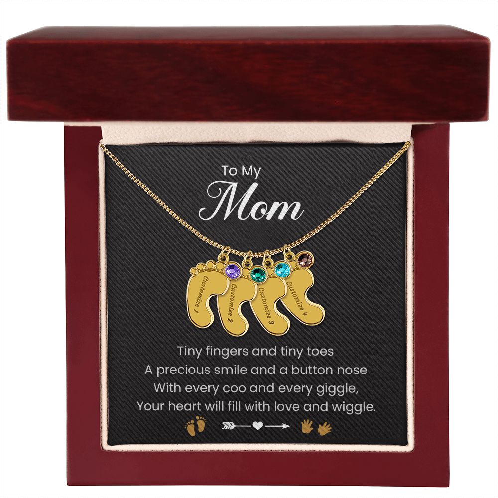 To My Mom | Tiny Fingers & Tiny Toes | Baby Feet Necklace with Birthstone