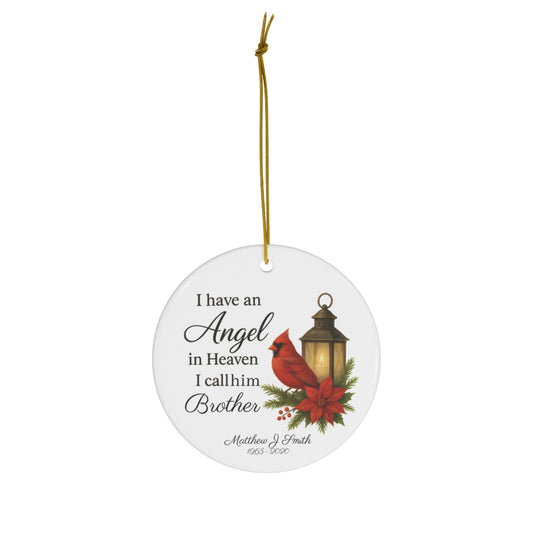 Personalized Memorial Ornament – “I Have an Angel in Heaven, I Call…” – Custom Name & Relationship – Cardinal & Lantern Remembrance Gift, Porcelain Christmas Keepsake