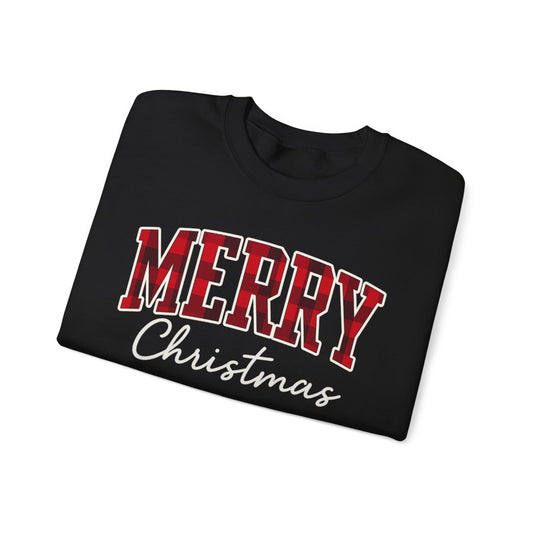 Merry Christmas Unisex Sweatshirt | Buffalo Plaid Holiday Pullover | Made in USA, Fast Shipping