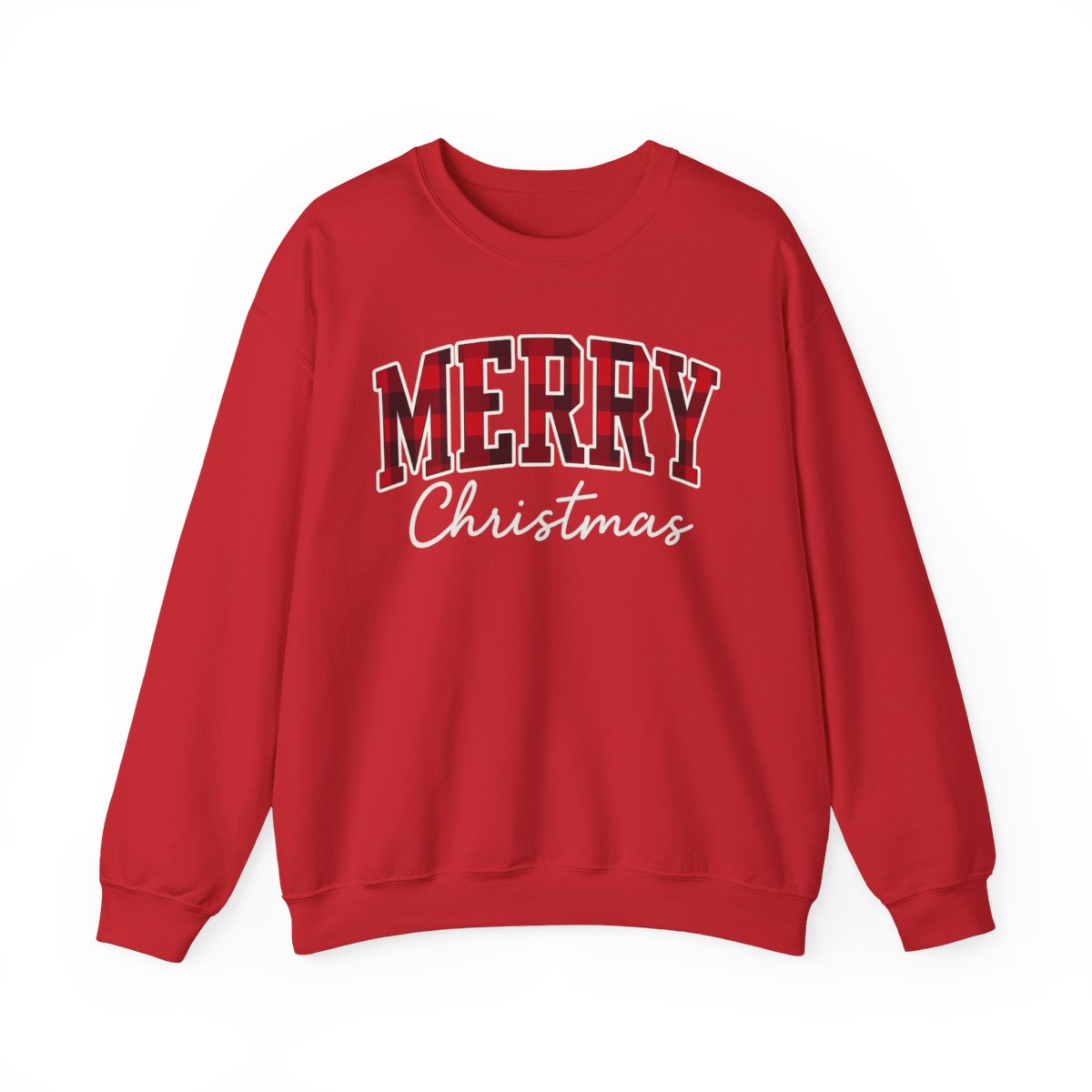Merry Christmas Unisex Sweatshirt | Buffalo Plaid Holiday Pullover | Made in USA, Fast Shipping