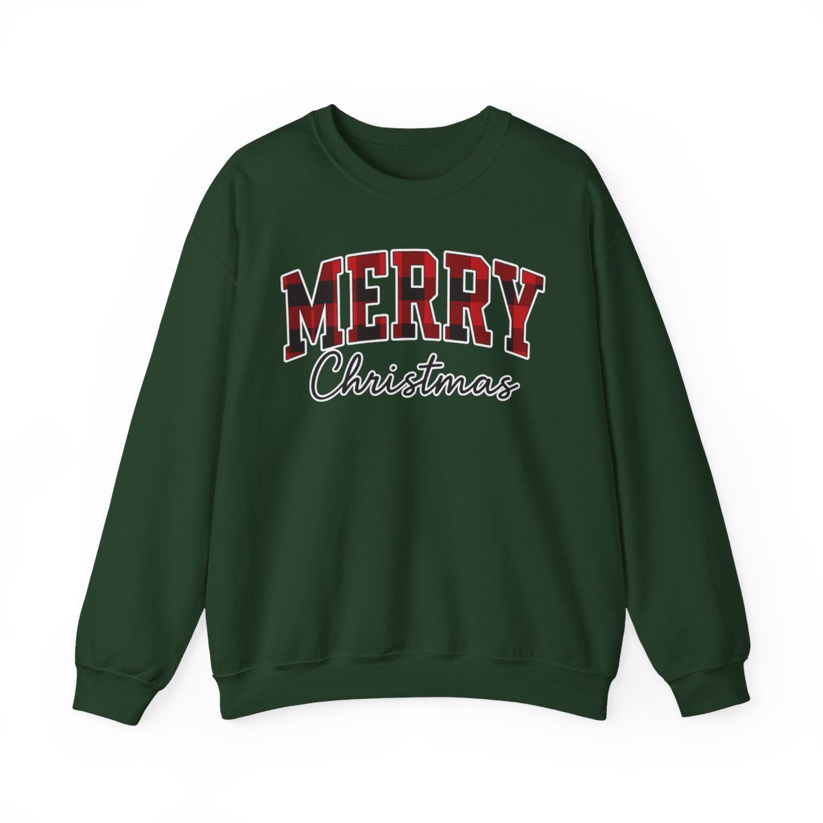 Merry Christmas Unisex Sweatshirt | Buffalo Plaid Holiday Pullover | Made in USA, Fast Shipping