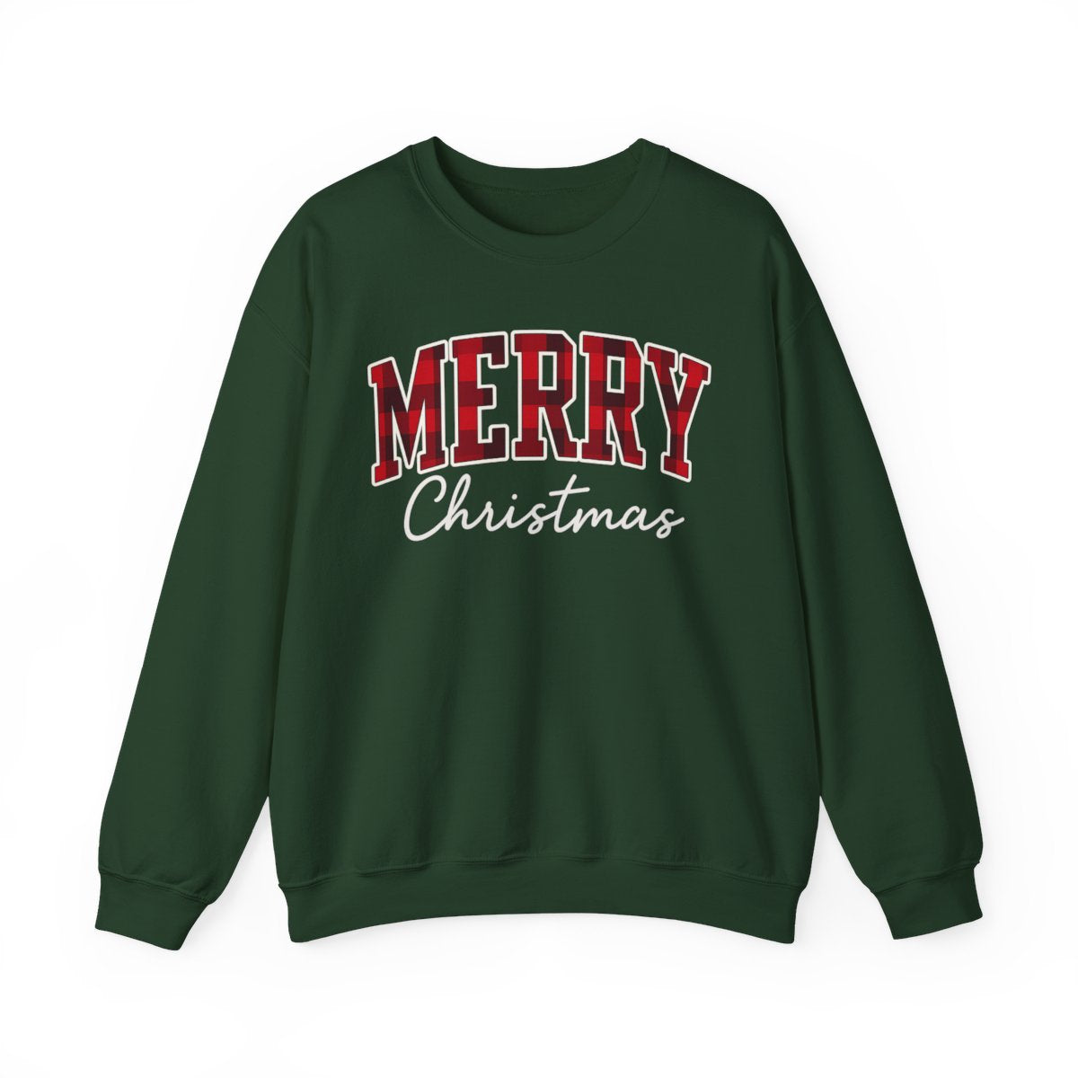 Merry Christmas Unisex Sweatshirt | Buffalo Plaid Holiday Pullover | Made in USA, Fast Shipping