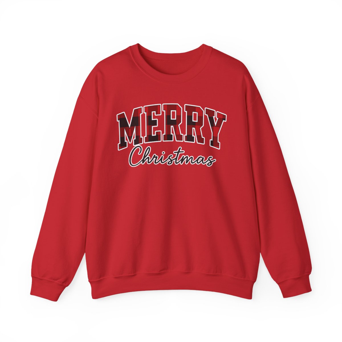Merry Christmas Unisex Sweatshirt | Buffalo Plaid Holiday Pullover | Made in USA, Fast Shipping